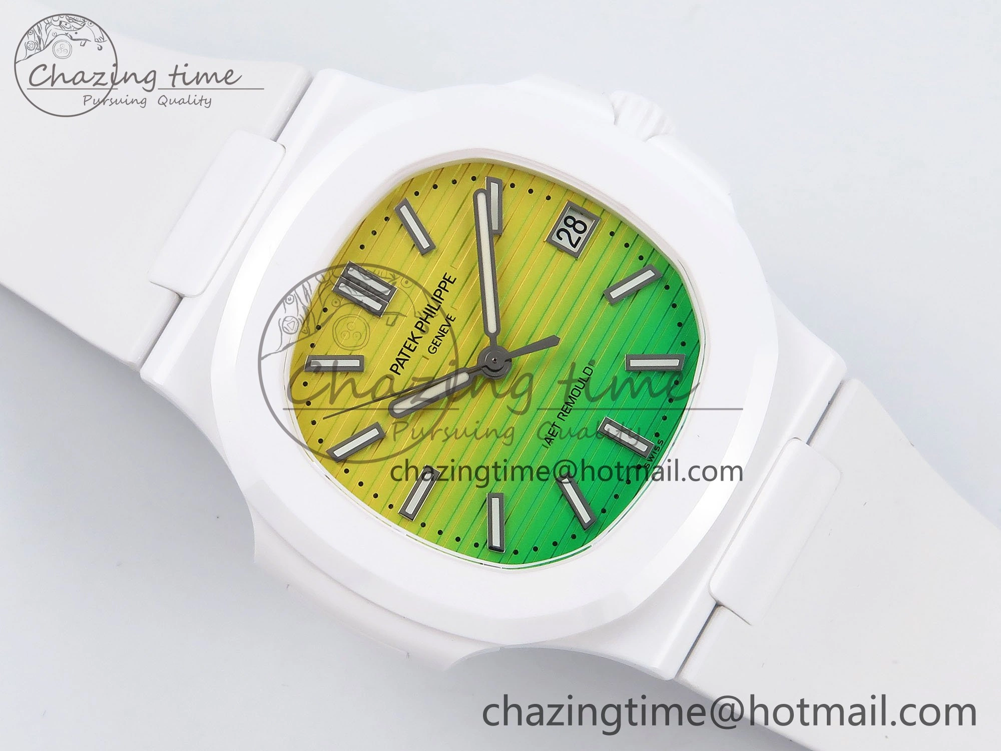 AET Nautilus 5711 White Ceramic AMGF Best Edition Yellow Green Dial on White Rubber Strap MIYOTA 9015