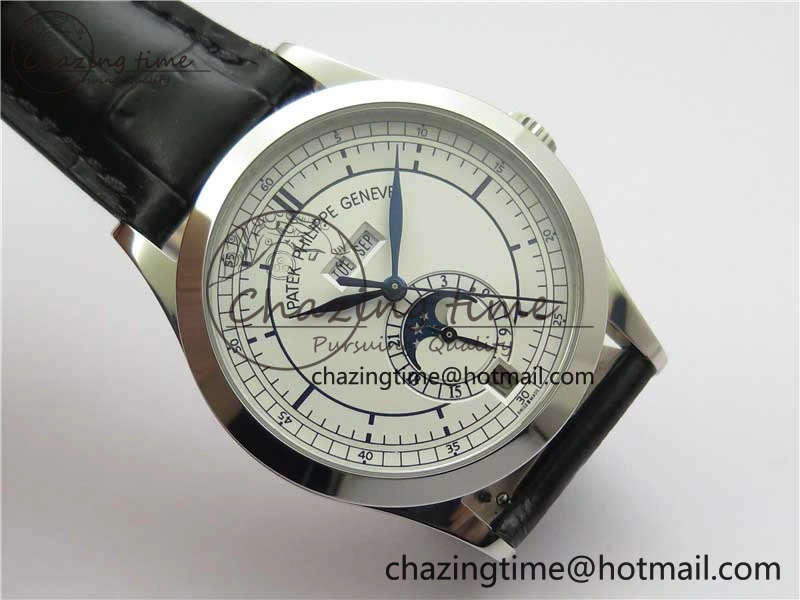Annual Calendar Complications 5396 SS GRF Best Edition White Dial Blue Markers on Leather Strap A324