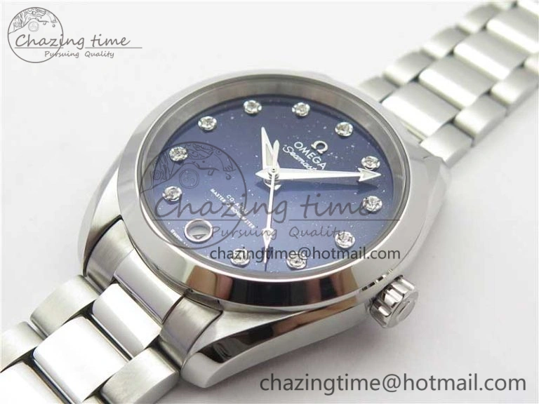 Aqua Terra 150M 34mm Ladies SS VSF 1:1 Best Edition Blue Dial Diamonds Markers on SS Bracelet A8800