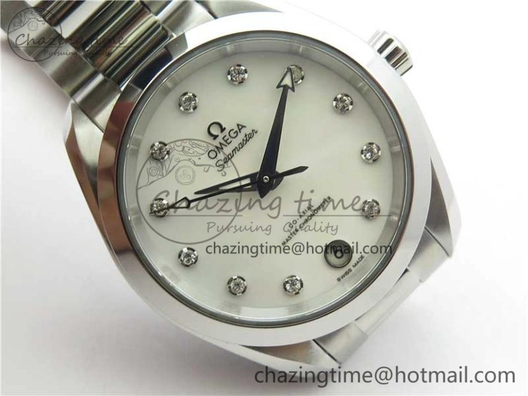 Aqua Terra 150M 34mm Ladies SS VSF 1:1 Best Edition White MOP Dial Diamonds Markers on SS Bracelet A8800