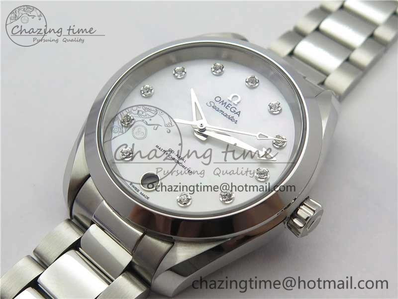 Aqua Terra 150M 34mm Ladies SS VSF 1:1 Best Edition White MOP Dial Diamonds Markers on SS Bracelet A8800
