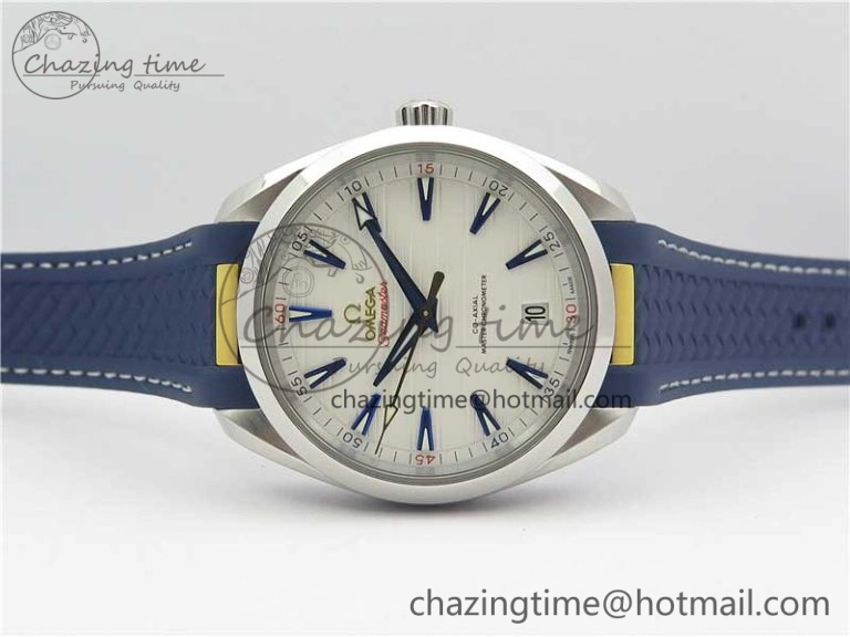 Aqua Terra 150M Master Chronometers VSF 1:1 Best Edition White Dial Gold Hand on Blue Rubber Strap A8900 Super Clone