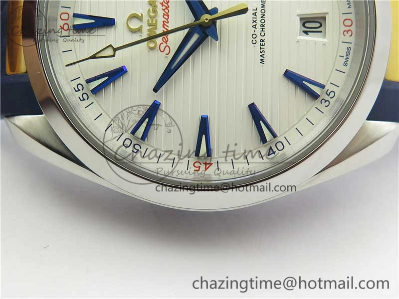 Aqua Terra 150M Master Chronometers VSF 1:1 Best Edition White Dial Gold Hand on Blue Rubber Strap A8900 Super Clone