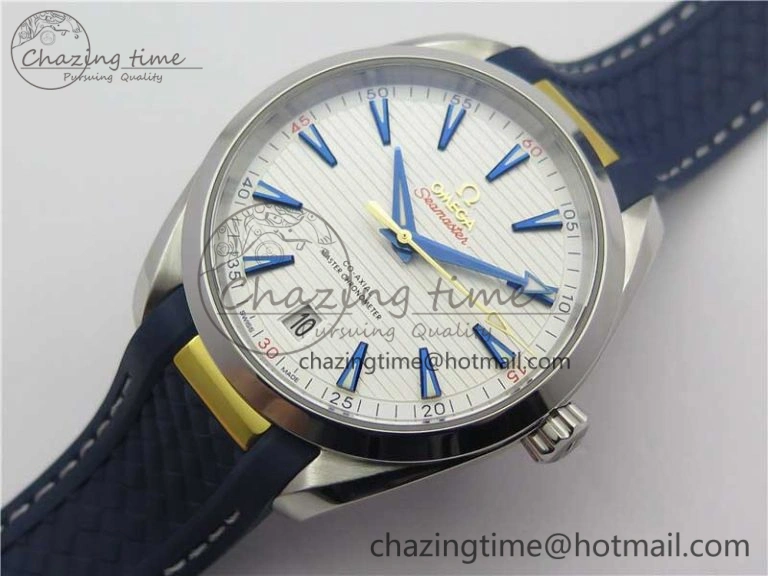 Aqua Terra 150M Master Chronometers VSF 1:1 Best Edition White Dial Gold Hand on Blue Rubber Strap A8900 Super Clone