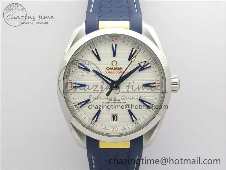 Aqua Terra 150M Master Chronometers VSF 1:1 Best Edition White Dial Gold Hand on Blue Rubber Strap A8900 Super Clone