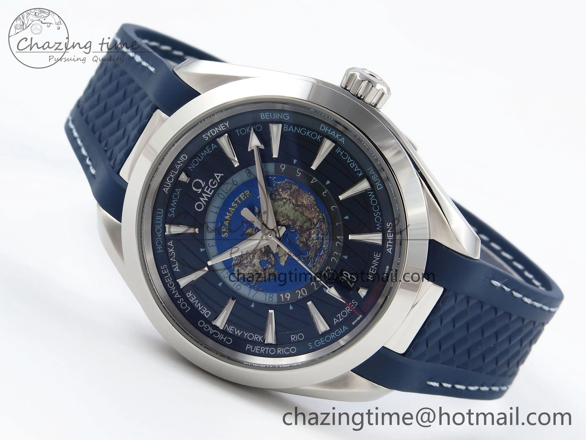 Aqua Terra GMT Worldtimer 43mm VSF 1:1 Best Edition Deep Blue Dial on Blue Rubber Strap A8938 Super Clone