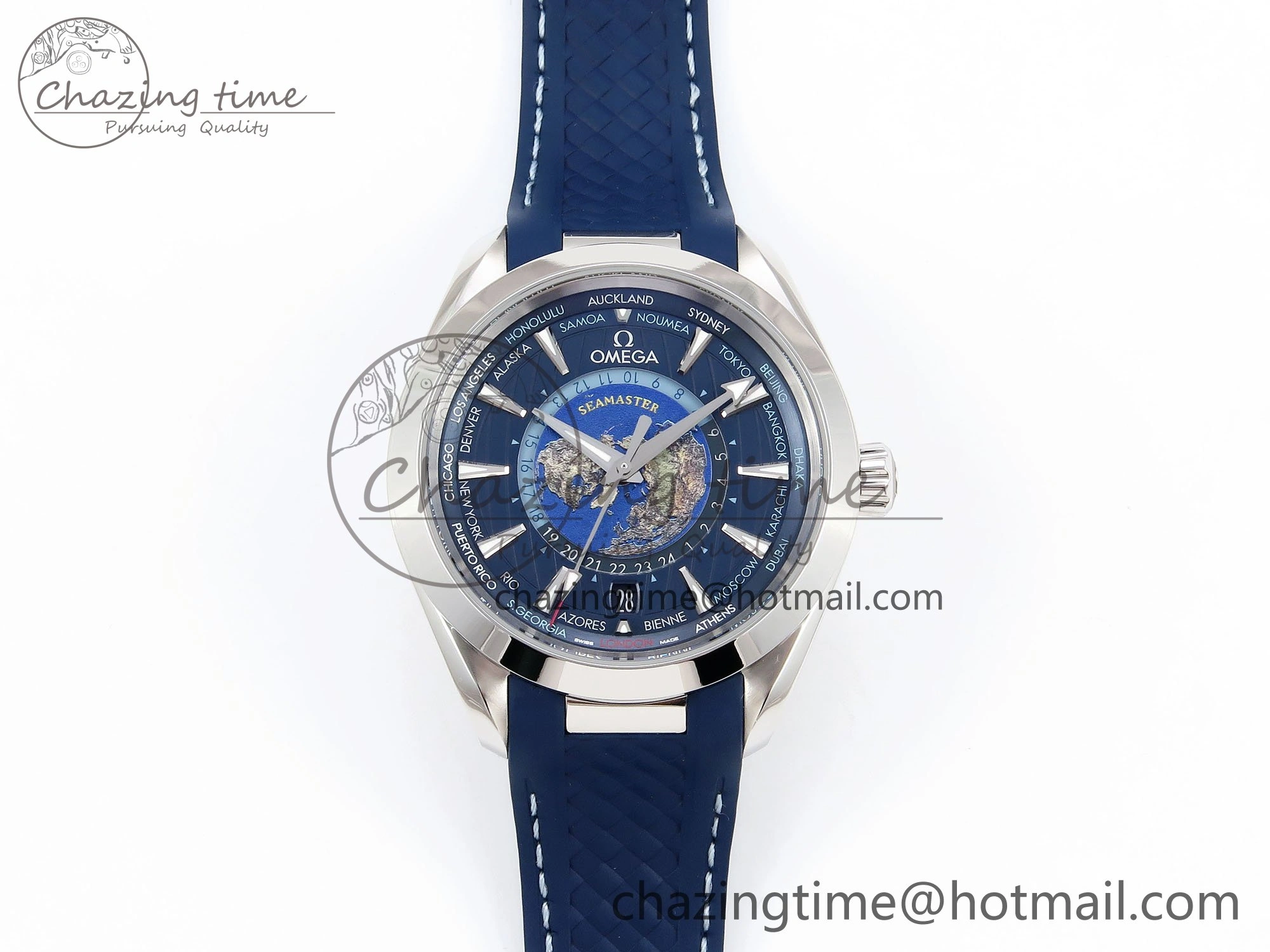 Aqua Terra GMT Worldtimer 43mm VSF 1:1 Best Edition Deep Blue Dial on Blue Rubber Strap A8938 Super Clone