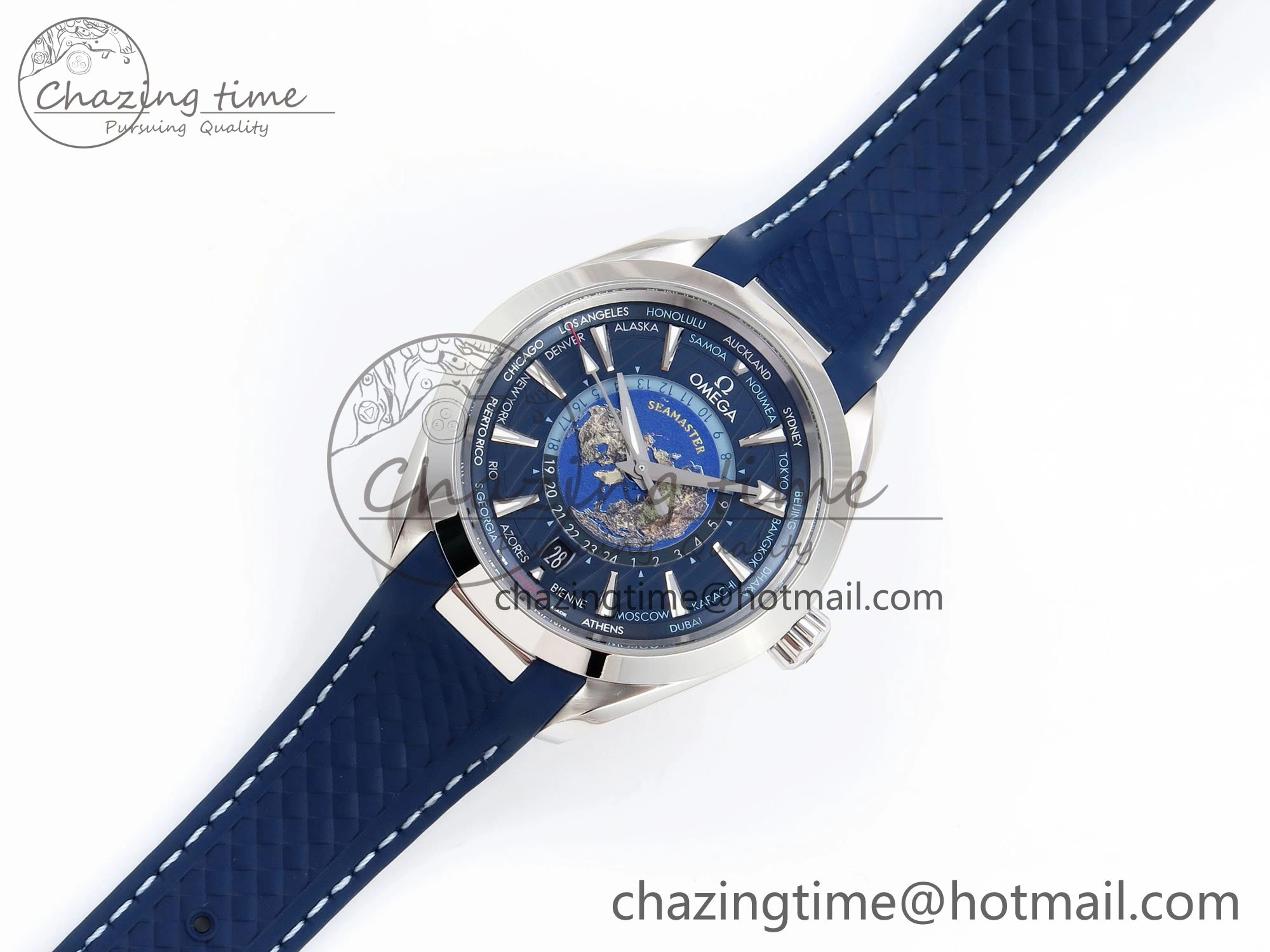 Aqua Terra GMT Worldtimer 43mm VSF 1:1 Best Edition Deep Blue Dial on Blue Rubber Strap A8938 Super Clone