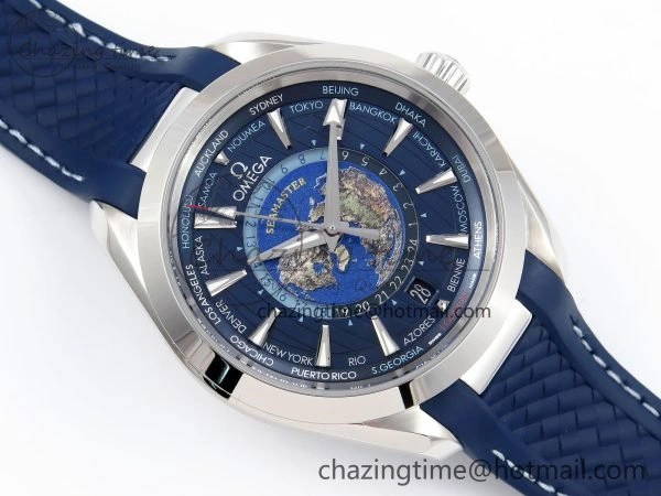 Aqua Terra GMT Worldtimer 43mm VSF 1:1 Best Edition Deep Blue Dial on Blue Rubber Strap A8938 Super Clone