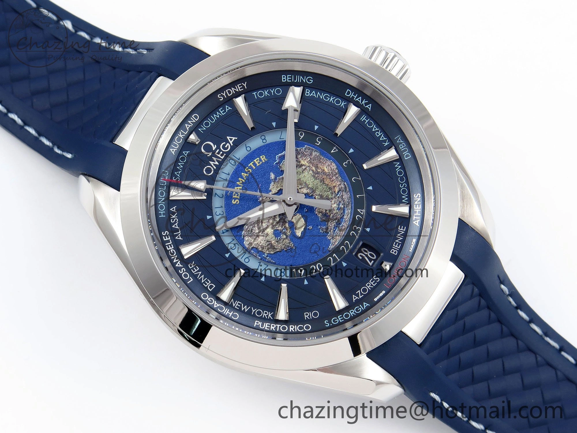 Aqua Terra GMT Worldtimer 43mm VSF 1:1 Best Edition Deep Blue Dial on Blue Rubber Strap A8938 Super Clone