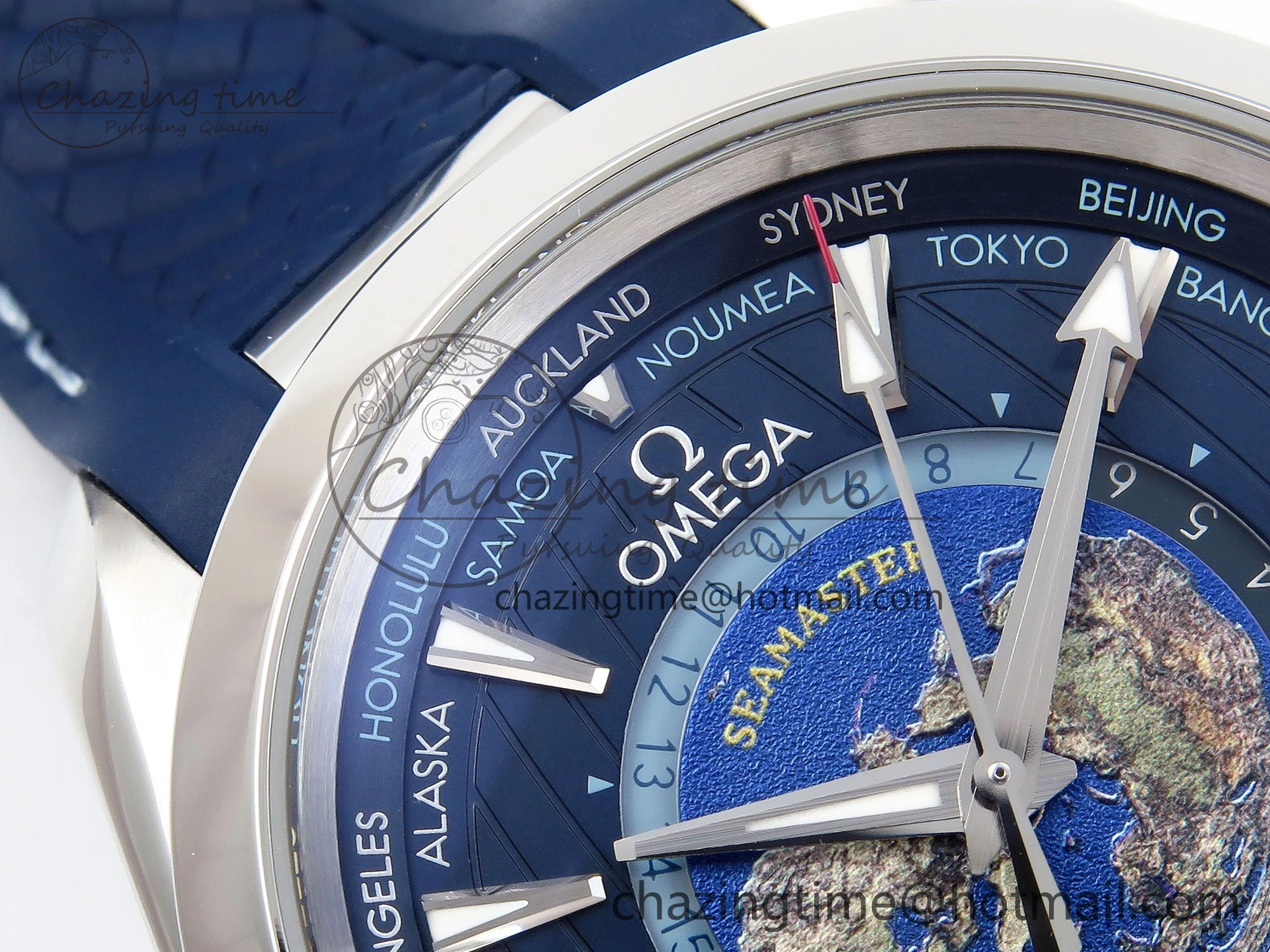Aqua Terra GMT Worldtimer 43mm VSF 1:1 Best Edition Deep Blue Dial on Blue Rubber Strap A8938 Super Clone