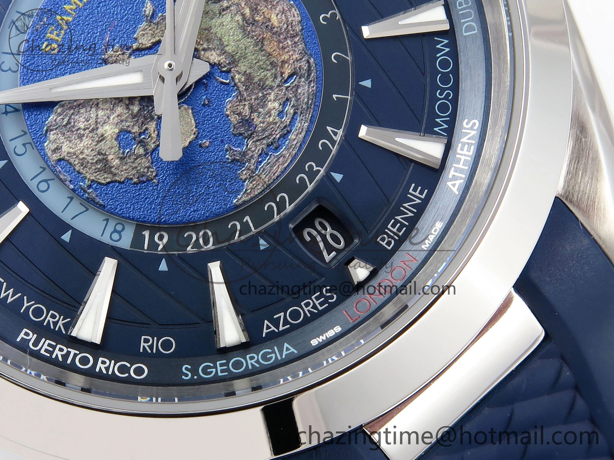 Aqua Terra GMT Worldtimer 43mm VSF 1:1 Best Edition Deep Blue Dial on Blue Rubber Strap A8938 Super Clone