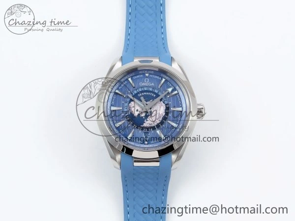 Aqua Terra GMT Worldtimer 43mm VSF 1:1 Best Edition Summer Blue Dial on Blue Rubber Strap A8938 Super Clone