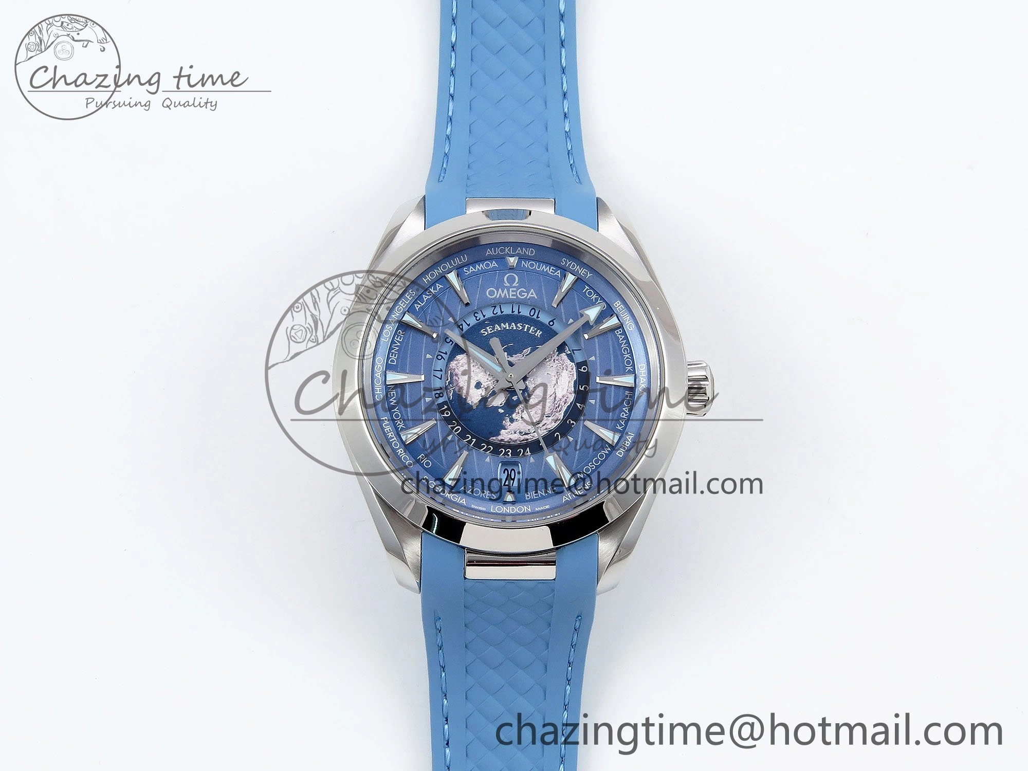 Aqua Terra GMT Worldtimer 43mm VSF 1:1 Best Edition Summer Blue Dial on Blue Rubber Strap A8938 Super Clone
