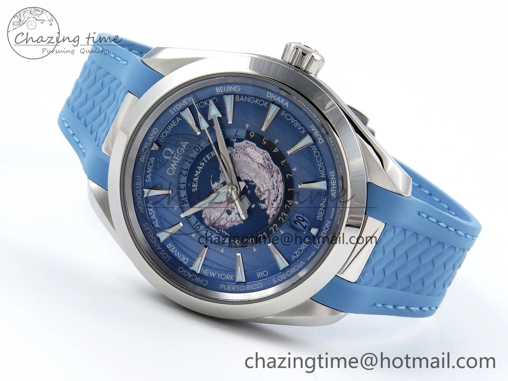 Aqua Terra GMT Worldtimer 43mm VSF 1:1 Best Edition Summer Blue Dial on Blue Rubber Strap A8938 Super Clone