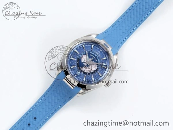 Aqua Terra GMT Worldtimer 43mm VSF 1:1 Best Edition Summer Blue Dial on Blue Rubber Strap A8938 Super Clone