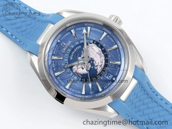 Aqua Terra GMT Worldtimer 43mm VSF 1:1 Best Edition Summer Blue Dial on Blue Rubber Strap A8938 Super Clone