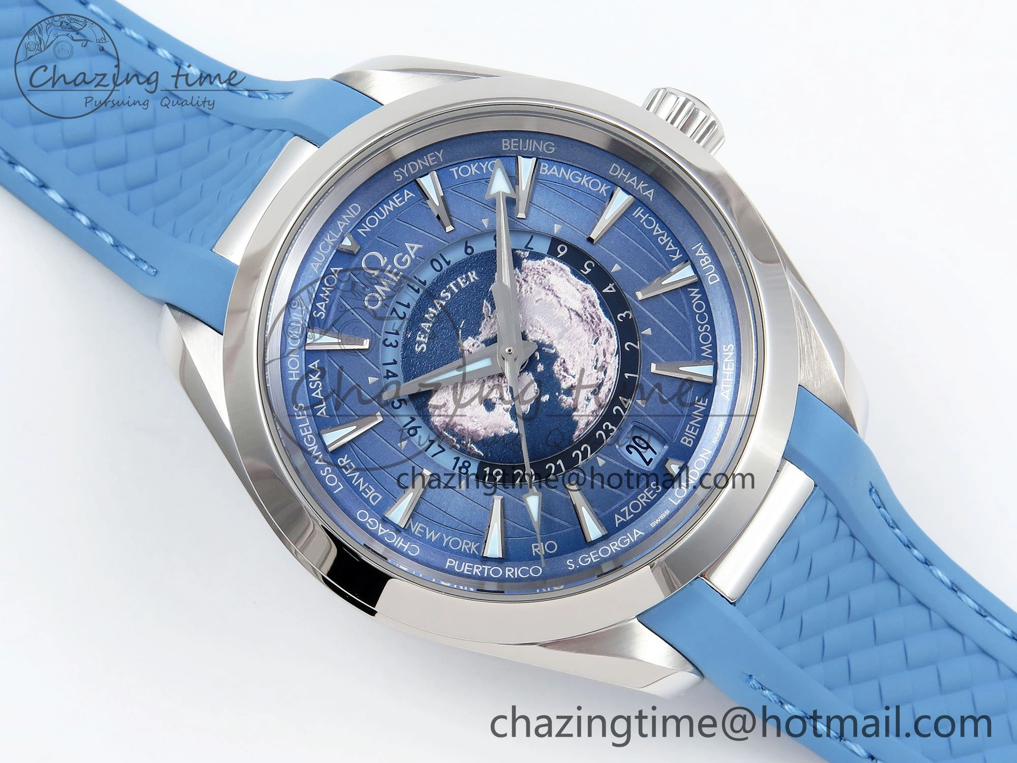 Aqua Terra GMT Worldtimer 43mm VSF 1:1 Best Edition Summer Blue Dial on Blue Rubber Strap A8938 Super Clone