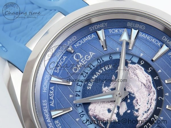 Aqua Terra GMT Worldtimer 43mm VSF 1:1 Best Edition Summer Blue Dial on Blue Rubber Strap A8938 Super Clone