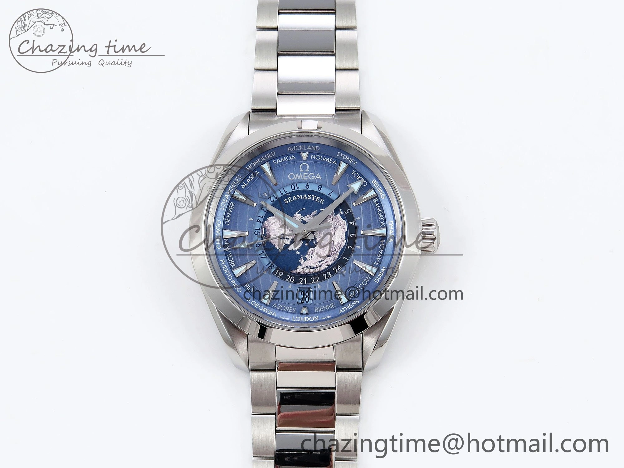 Aqua Terra GMT Worldtimer 43mm VSF 1:1 Best Edition Summer Blue Dial on SS Bracelet A8938 Super Clone