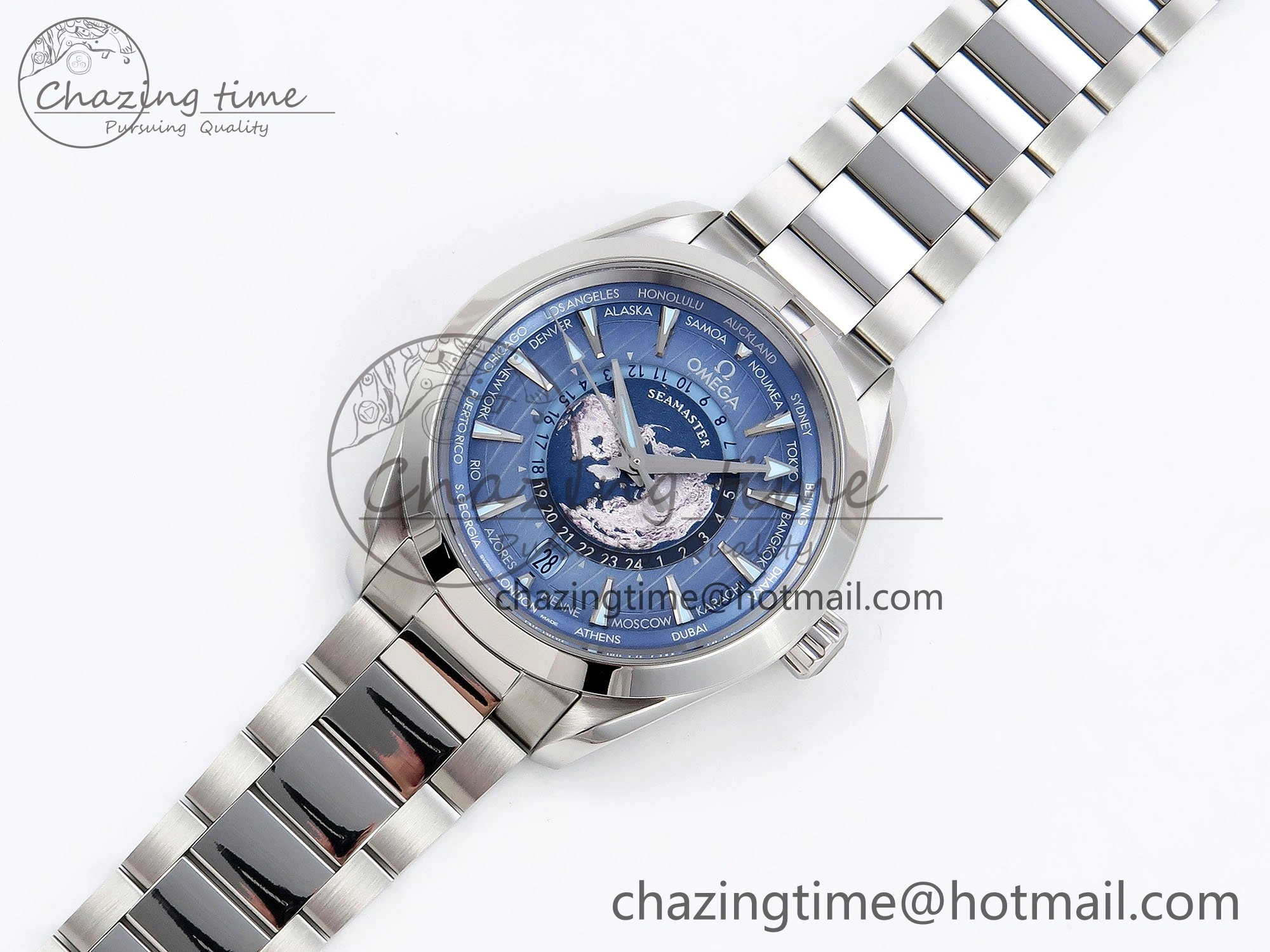 Aqua Terra GMT Worldtimer 43mm VSF 1:1 Best Edition Summer Blue Dial on SS Bracelet A8938 Super Clone