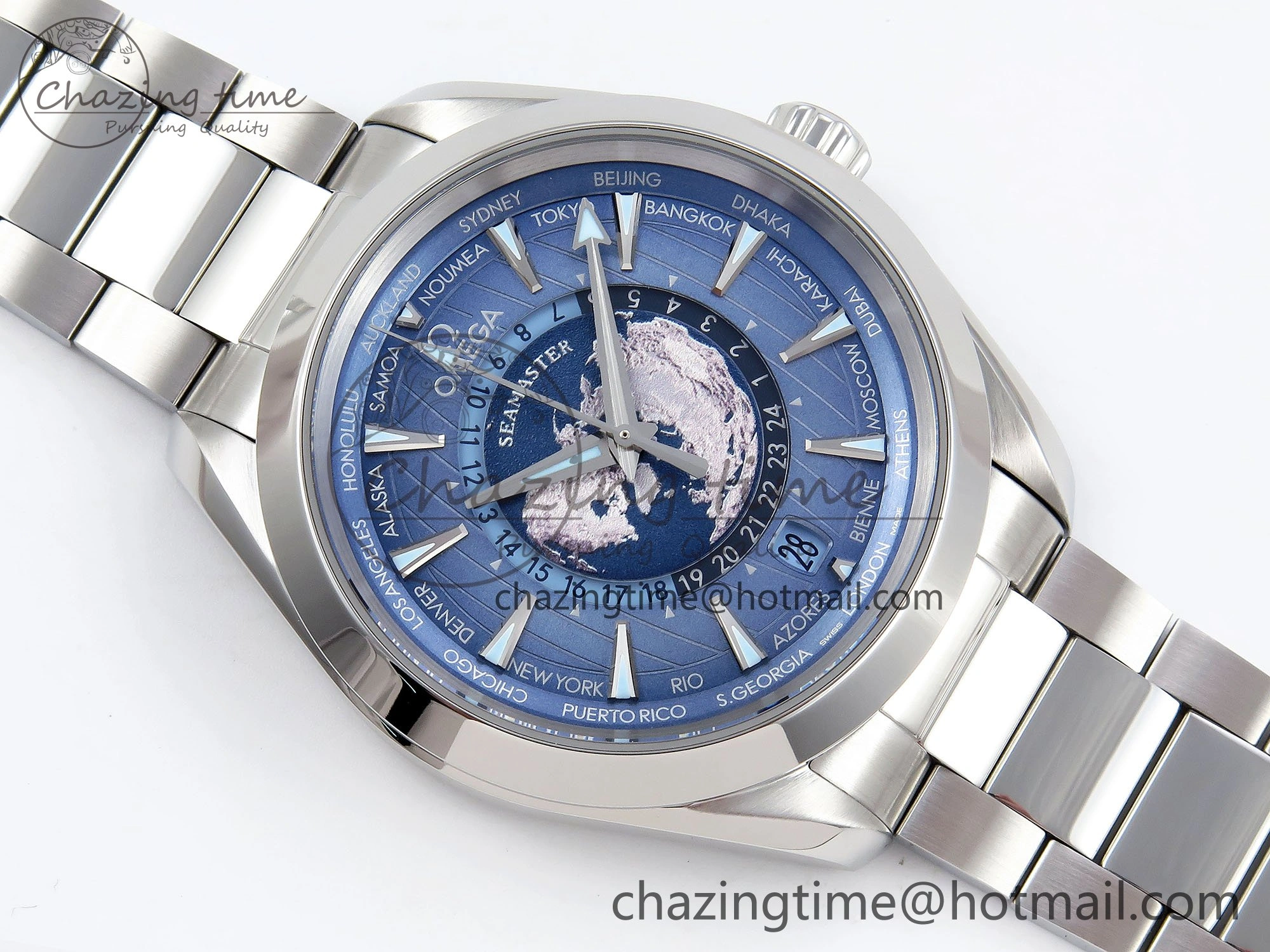 Aqua Terra GMT Worldtimer 43mm VSF 1:1 Best Edition Summer Blue Dial on SS Bracelet A8938 Super Clone