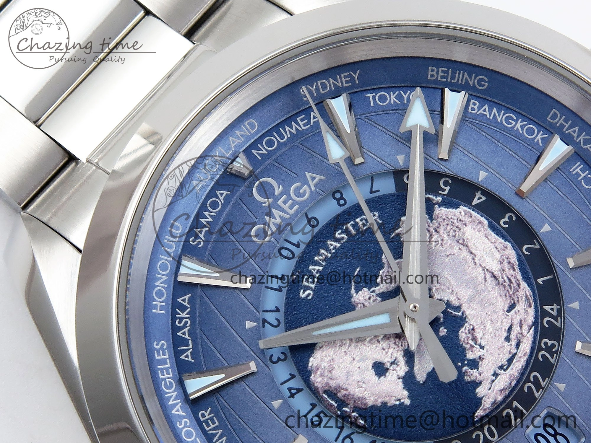 Aqua Terra GMT Worldtimer 43mm VSF 1:1 Best Edition Summer Blue Dial on SS Bracelet A8938 Super Clone