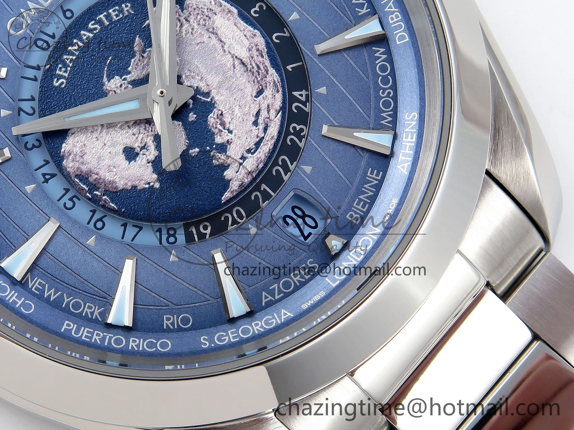 Aqua Terra GMT Worldtimer 43mm VSF 1:1 Best Edition Summer Blue Dial on SS Bracelet A8938 Super Clone
