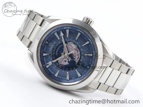 Aqua Terra GMT Worldtimer 43mm VSF 1:1 Best Edition Summer Blue Dial on SS Bracelet A8938 Super Clone