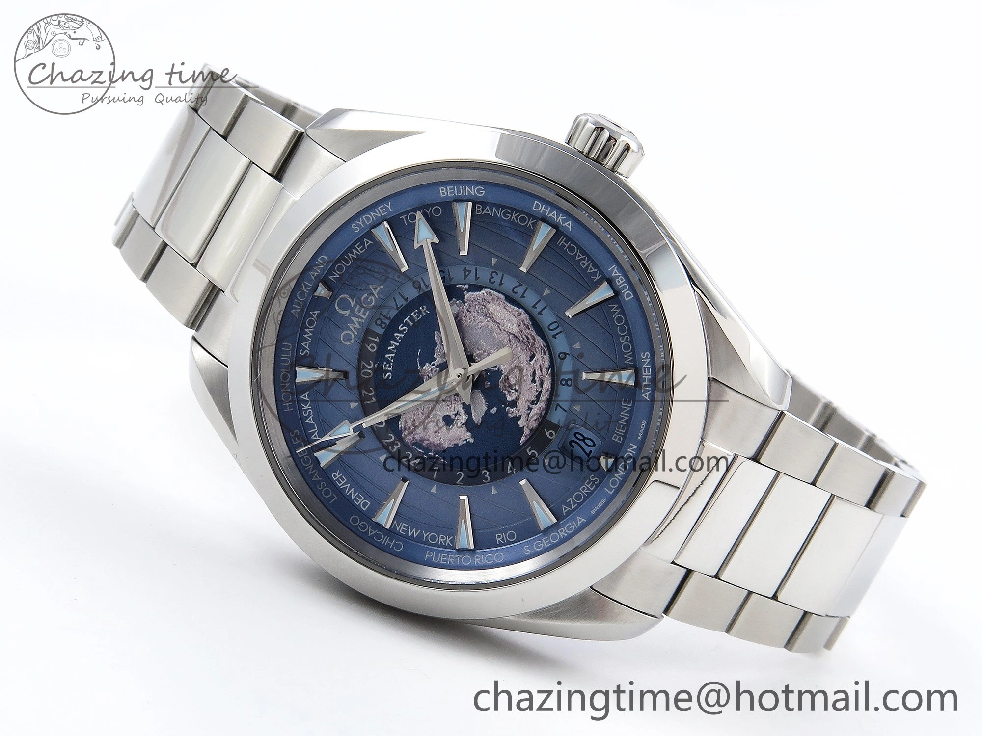 Aqua Terra GMT Worldtimer 43mm VSF 1:1 Best Edition Summer Blue Dial on SS Bracelet A8938 Super Clone
