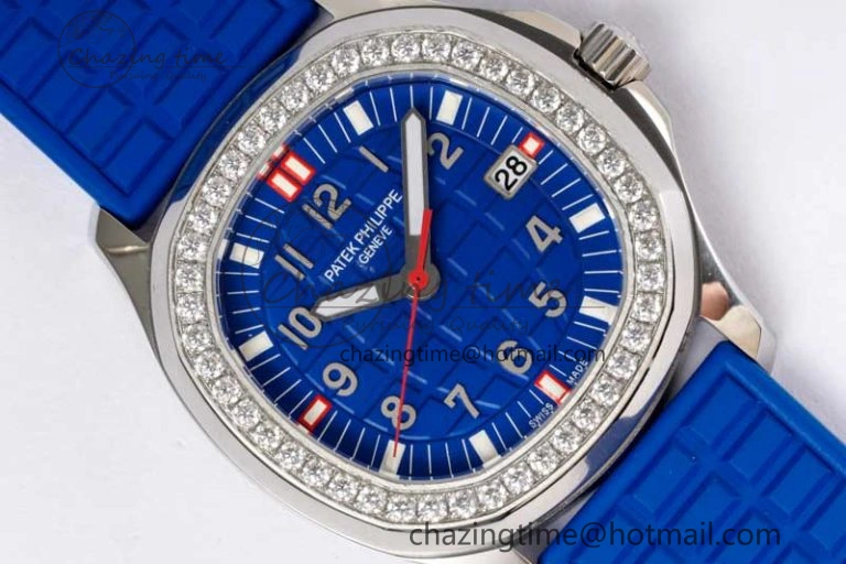 Aquanaut 5067A SS PPF 1:1 Best Edition Blue Textured Dial Red Hand on Blue Rubber Strap RONDA Quartz