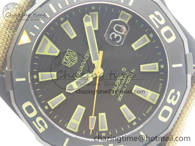 Aquaracer Calibre 43mm DLC V6F Best Edition Black Textured Dial Ceramic Bezel On Nylon Strap A2824