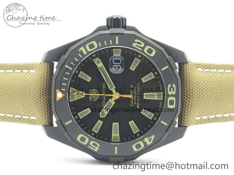 Aquaracer Calibre 43mm DLC V6F Best Edition Black Textured Dial Ceramic Bezel On Nylon Strap A2824