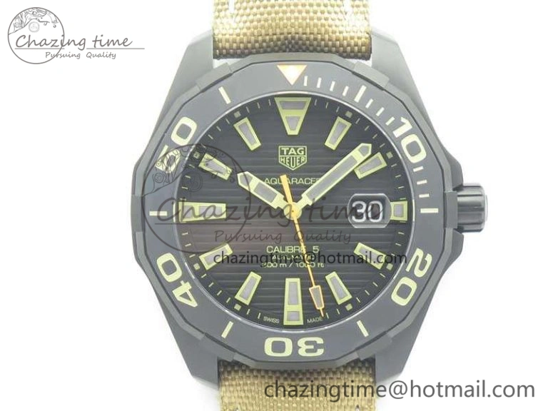 Aquaracer Calibre 43mm DLC V6F Best Edition Black Textured Dial Ceramic Bezel On Nylon Strap A2824