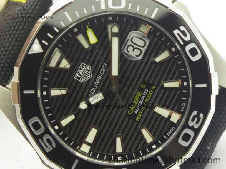 Aquaracer Calibre 43mm SS V6F Best Edition Black Textured Dial Ceramic Bezel On Nylon Strap A2824