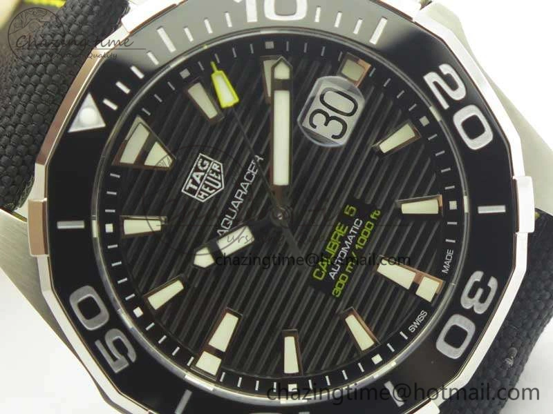Aquaracer Calibre 43mm SS V6F Best Edition Black Textured Dial Ceramic Bezel On Nylon Strap A2824