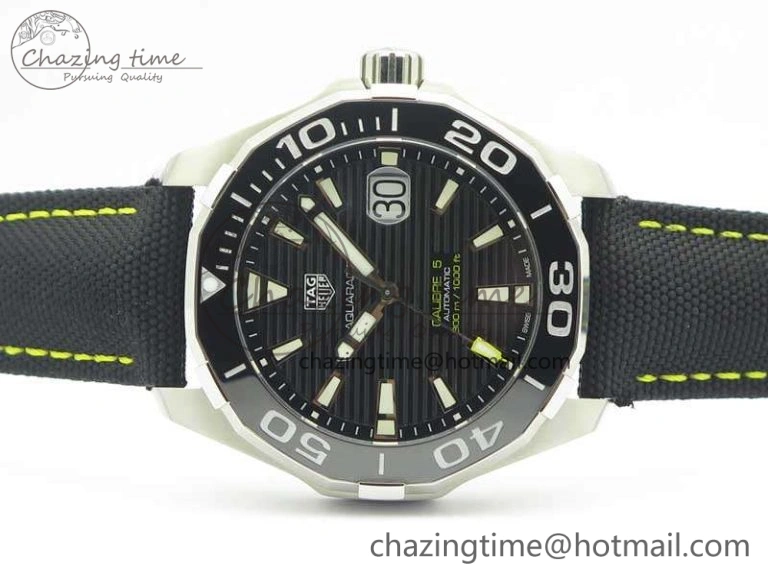Aquaracer Calibre 43mm SS V6F Best Edition Black Textured Dial Ceramic Bezel On Nylon Strap A2824