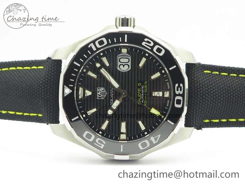 Aquaracer Calibre 43mm SS V6F Best Edition Black Textured Dial Ceramic Bezel On Nylon Strap A2824