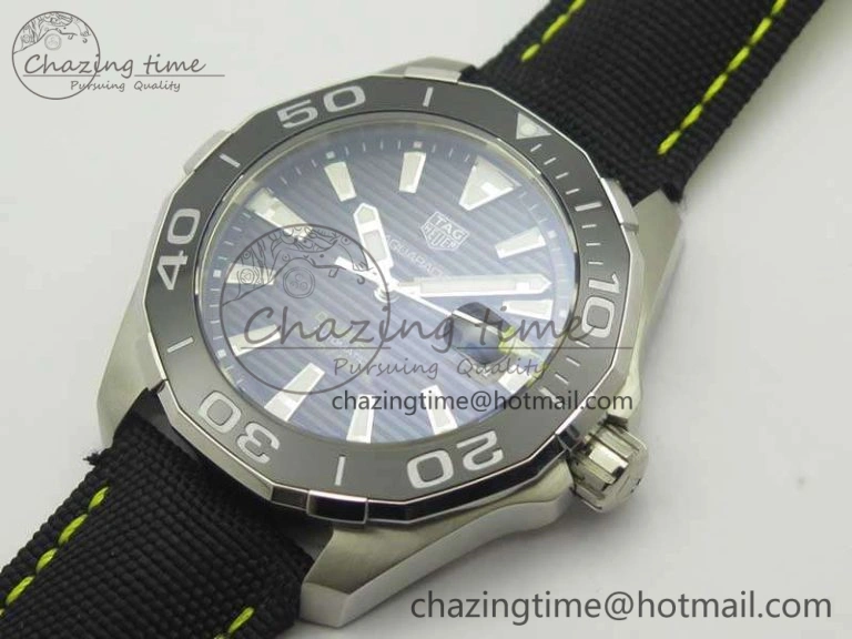 Aquaracer Calibre 43mm SS V6F Best Edition Black Textured Dial Ceramic Bezel On Nylon Strap A2824