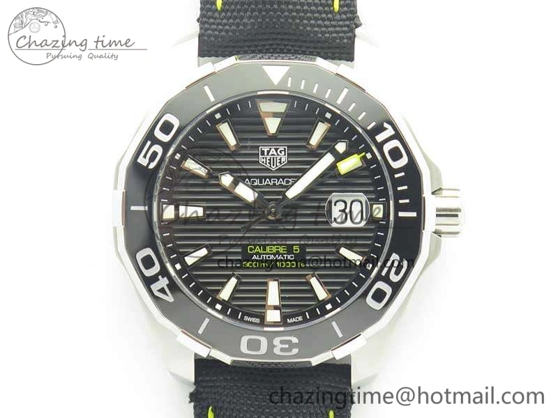 Aquaracer Calibre 43mm SS V6F Best Edition Black Textured Dial Ceramic Bezel On Nylon Strap A2824