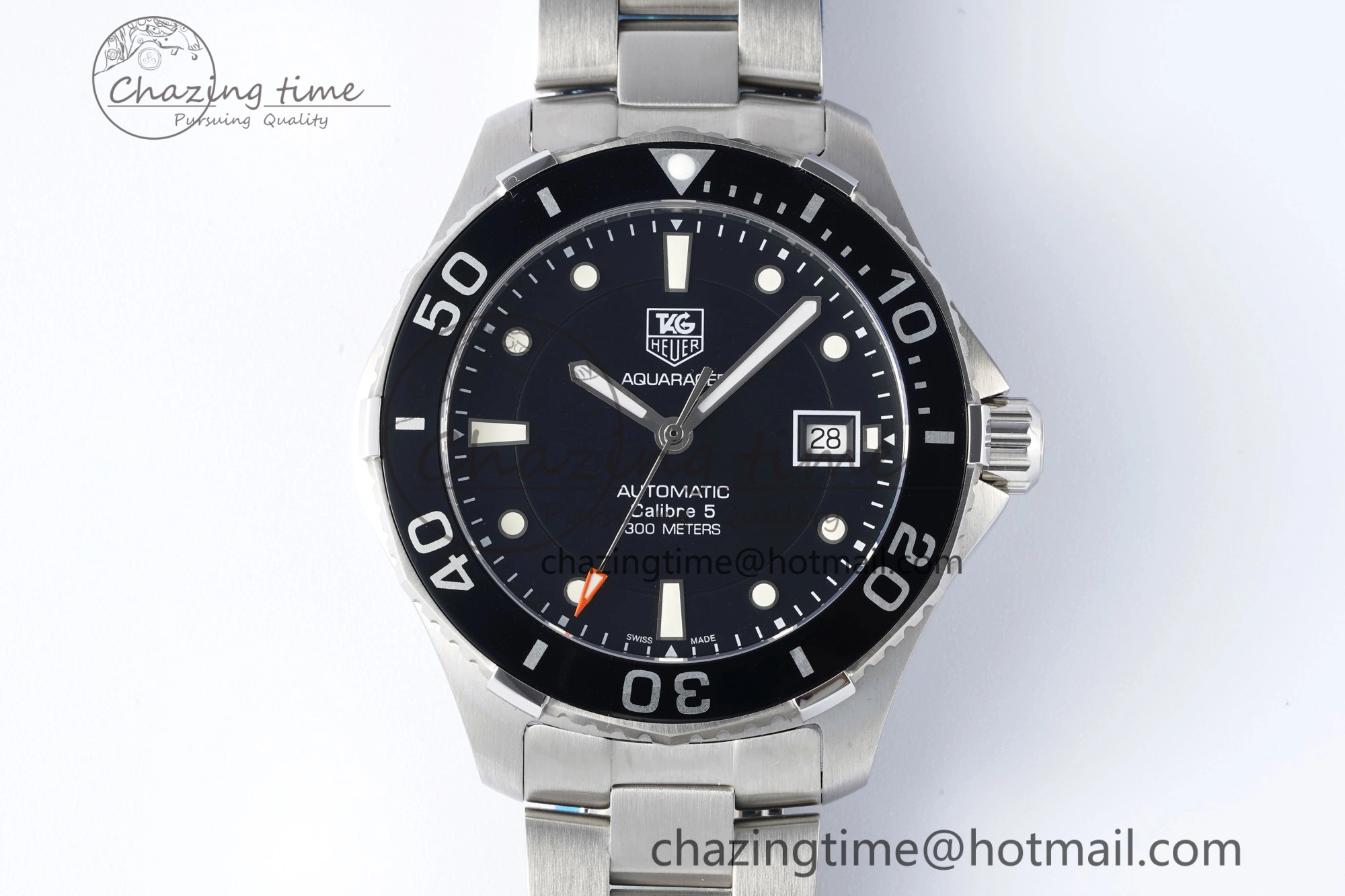 Aquaracer Calibre 5 41.5mm TARF 1:1 Best Edition Black Dial Black Bezel on SS Bracelet SW200