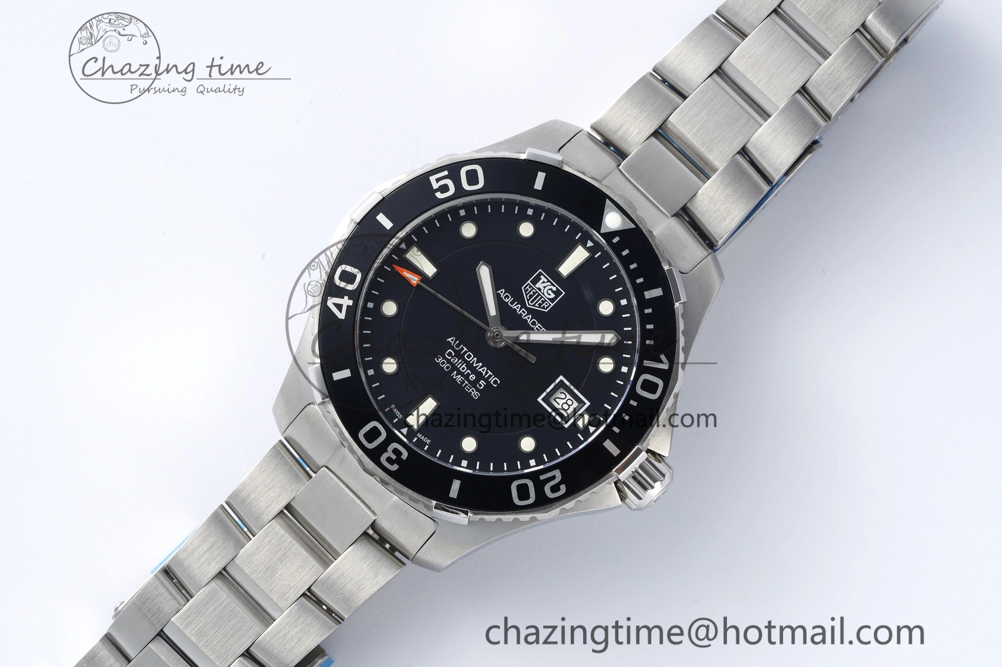 Aquaracer Calibre 5 41.5mm TARF 1:1 Best Edition Black Dial Black Bezel on SS Bracelet SW200