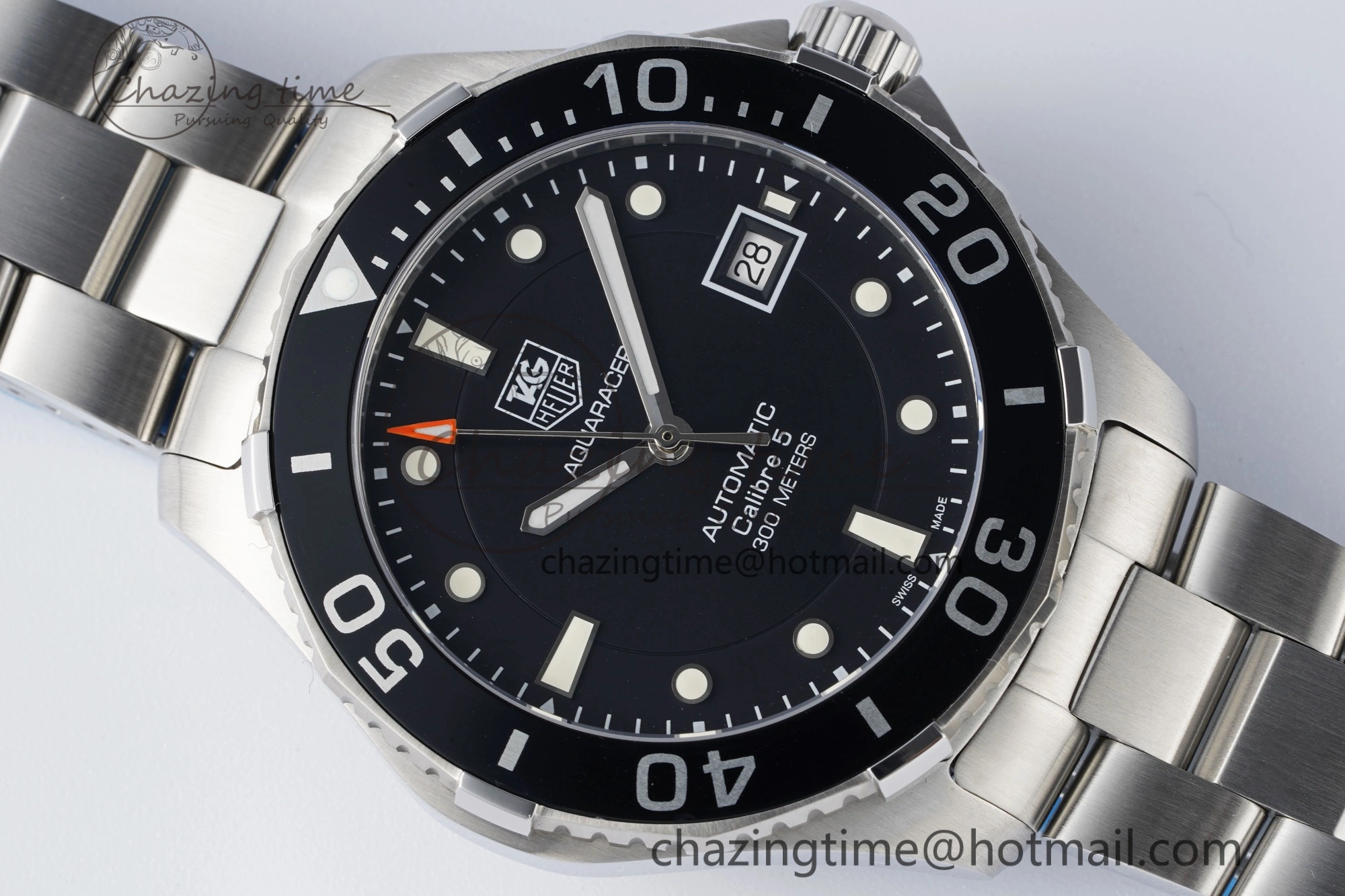 Aquaracer Calibre 5 41.5mm TARF 1:1 Best Edition Black Dial Black Bezel on SS Bracelet SW200