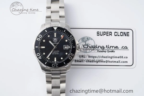 Aquaracer Calibre 5 41.5mm TARF 1:1 Best Edition Black Dial Black Bezel on SS Bracelet SW200