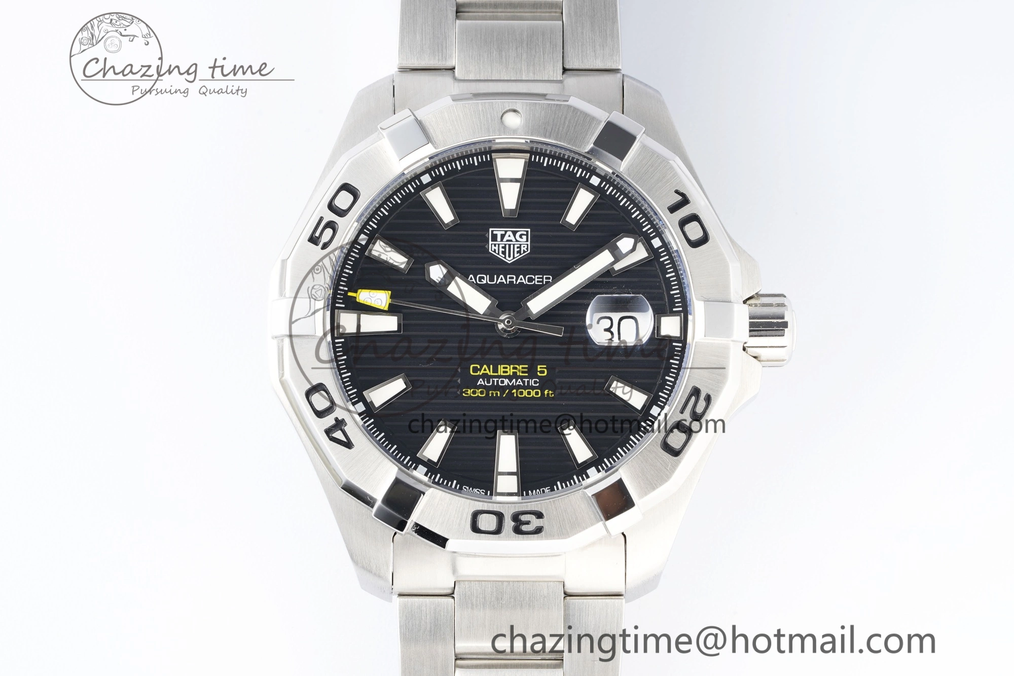 Aquaracer Calibre 5 44mm TARF 1:1 Best Edition Black Dial SS Bezel on SS Bracelet SW200