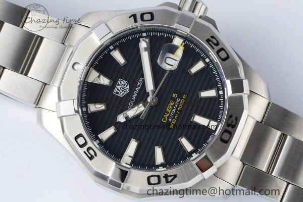 Aquaracer Calibre 5 44mm TARF 1:1 Best Edition Black Dial SS Bezel on SS Bracelet SW200