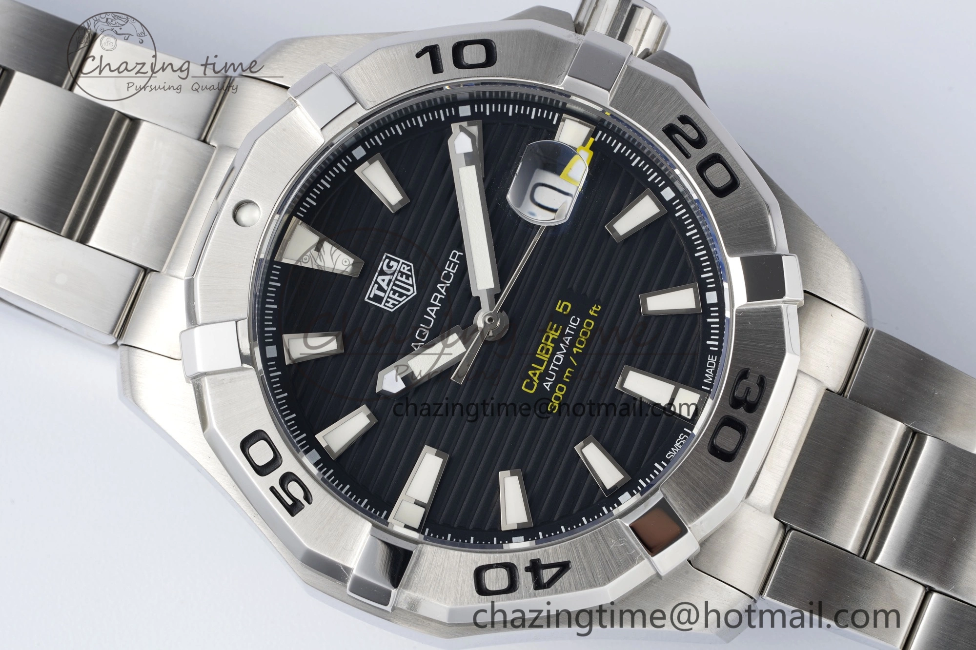 Aquaracer Calibre 5 44mm TARF 1:1 Best Edition Black Dial SS Bezel on SS Bracelet SW200