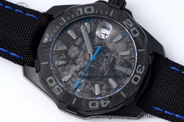 Aquaracer Calibre 5 PVD 41mm TARF 1:1 Best Edition Carbon Blue Dial on Black Nylon Strap SW200