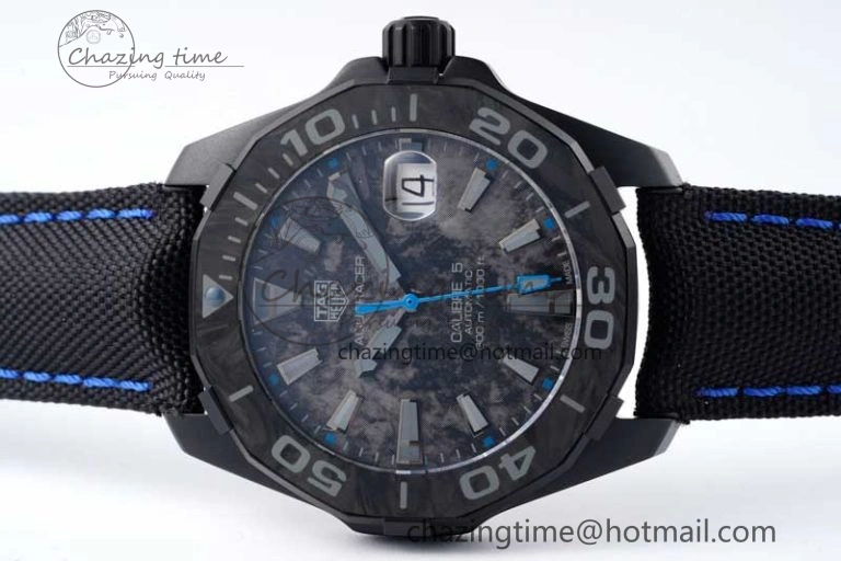 Aquaracer Calibre 5 PVD 41mm TARF 1:1 Best Edition Carbon Blue Dial on Black Nylon Strap SW200