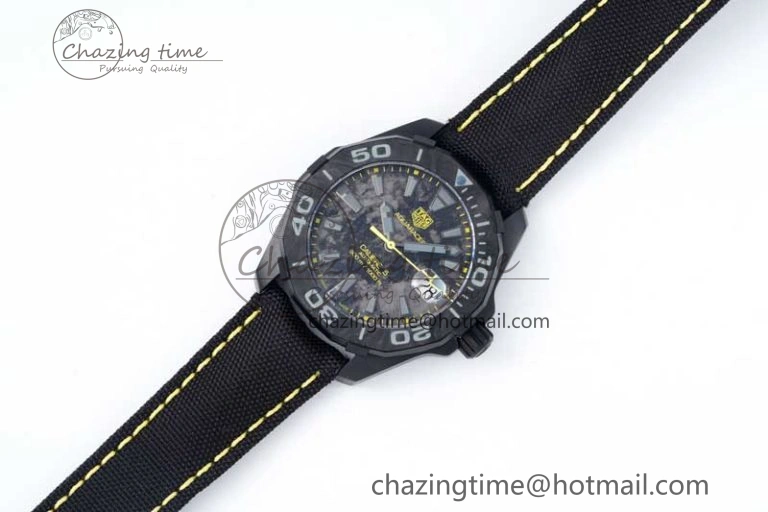 Aquaracer Calibre 5 PVD 41mm TARF 1:1 Best Edition Carbon Yellow Dial on Black Nylon Strap SW200